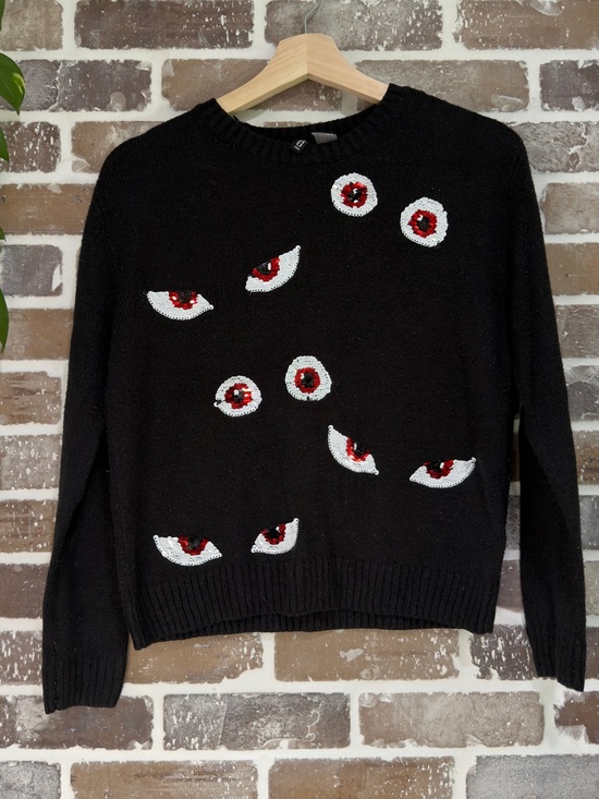 H&M Sweaters - H&M Black Crewneck Knit Sweater with Red & White Sequin Eye Motifs, S